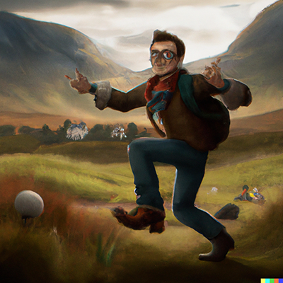 nerdy tech evangelist frolicking in the scotish highlands, digital art